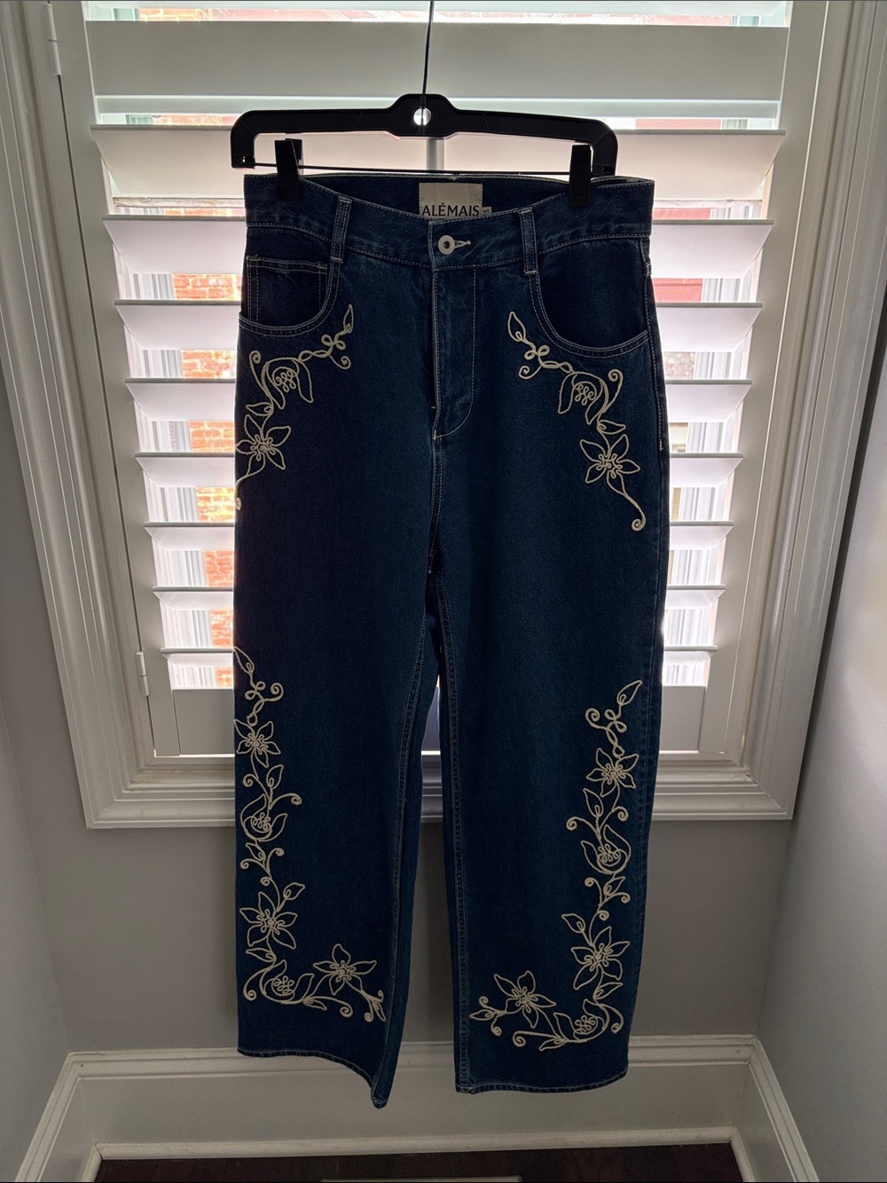 Alemais Dark Blue Straight-Leg Jeans with Cream Floral Embroidery